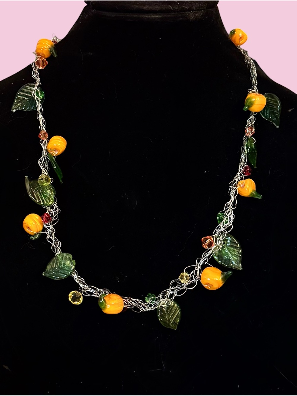 Made With Love silver tone glass pumpkins and leaves necklace